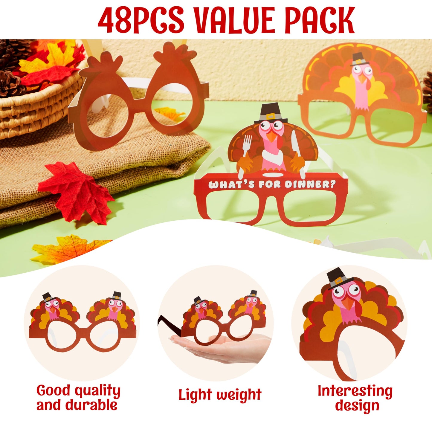 JOYIN 24 Pcs Thanksgiving Turkey Eyeglasses, Turkey Eyewear Frame Pumpkin Maple Leaves Photo Props for Kids Thanksgiving Harvest Party Decoration and Thanksgiving Day Accessories (One Size Fits All)