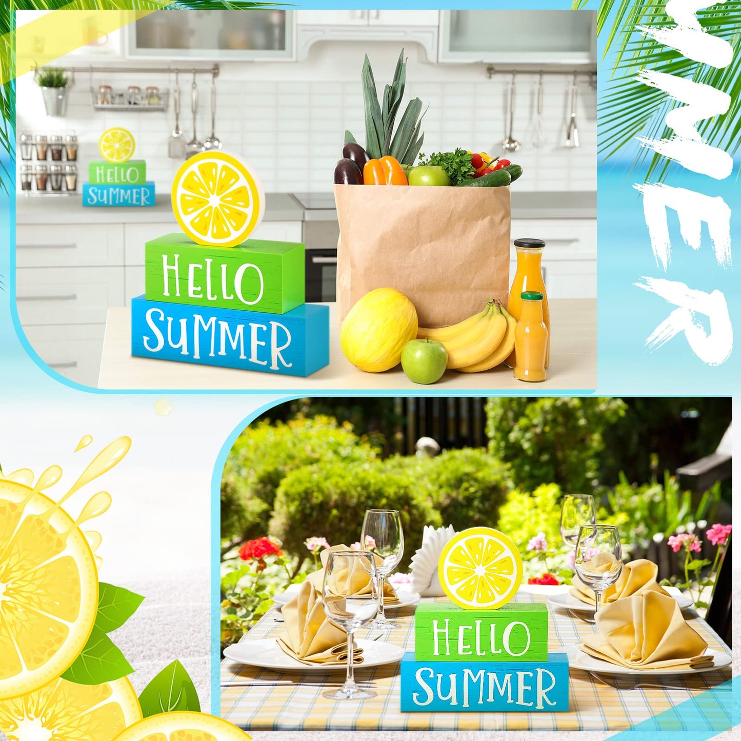 3 Pieces Summer Wooden Block Decor for Home Lemon Wooden Tiered Tray Block Decor Rustic Hello Summer Sign for Living Mantle Kitchen Table Party Decoration