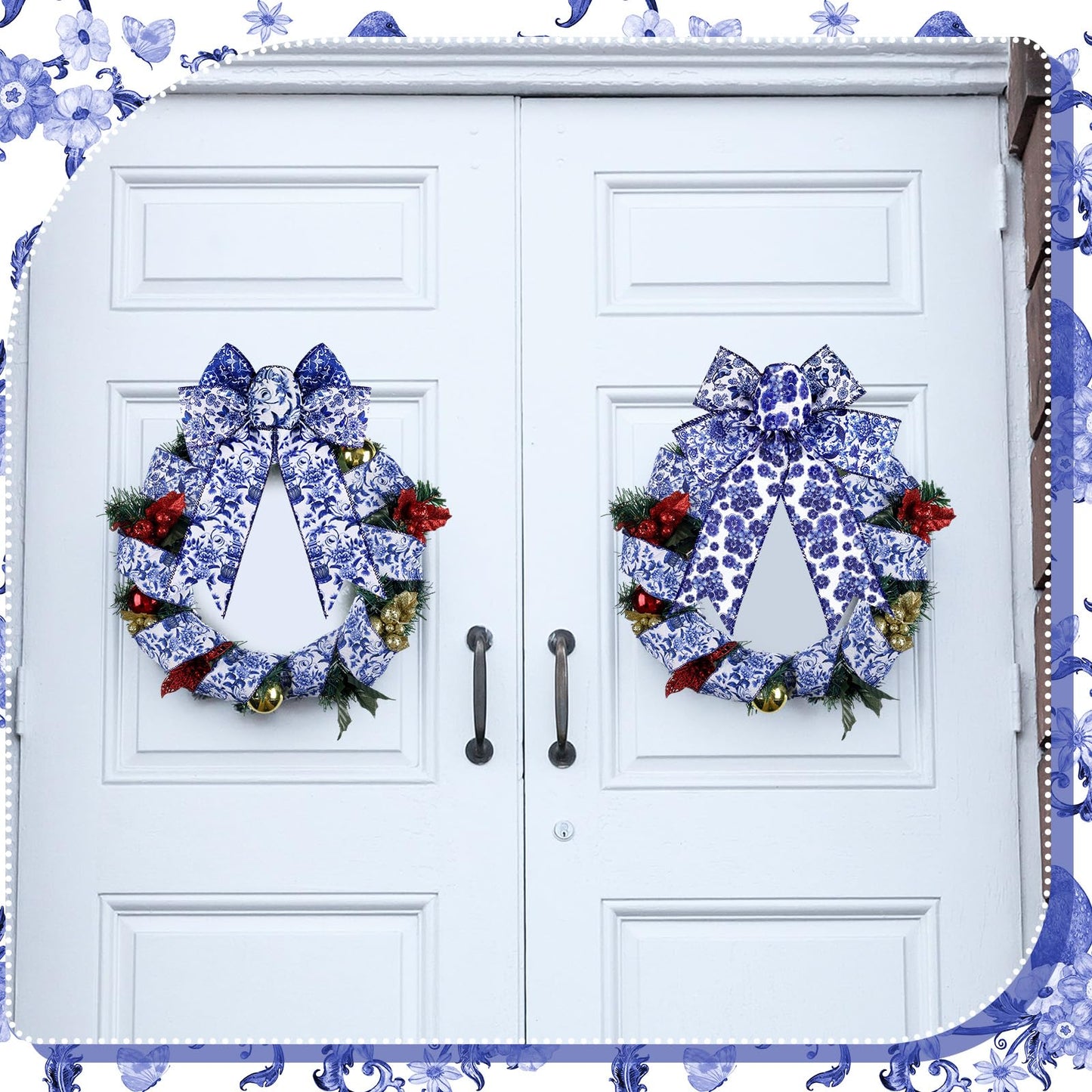 6 Rolls Christmas Chinoiserie Ribbon White and Blue Wired Edge Floral Ribbon Butterfly Flower Pattern Fabric Craft Wreath Bow Wrapping 2.52 Inches by 5 Yards