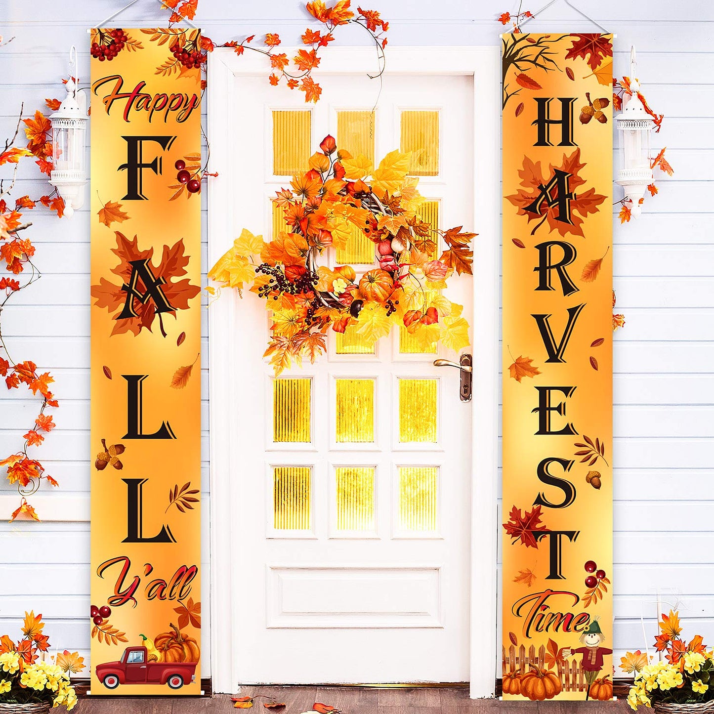 Fall Decoration Harvest Fall Porch Welcome Sign Banner Happy Fall Y'all Maple Autumn Sign Pumpkin Leaf for Fall Party Thanksgiving Party Decoration Maple Garden Yard Orange Leaves Wall Decor Backdrop