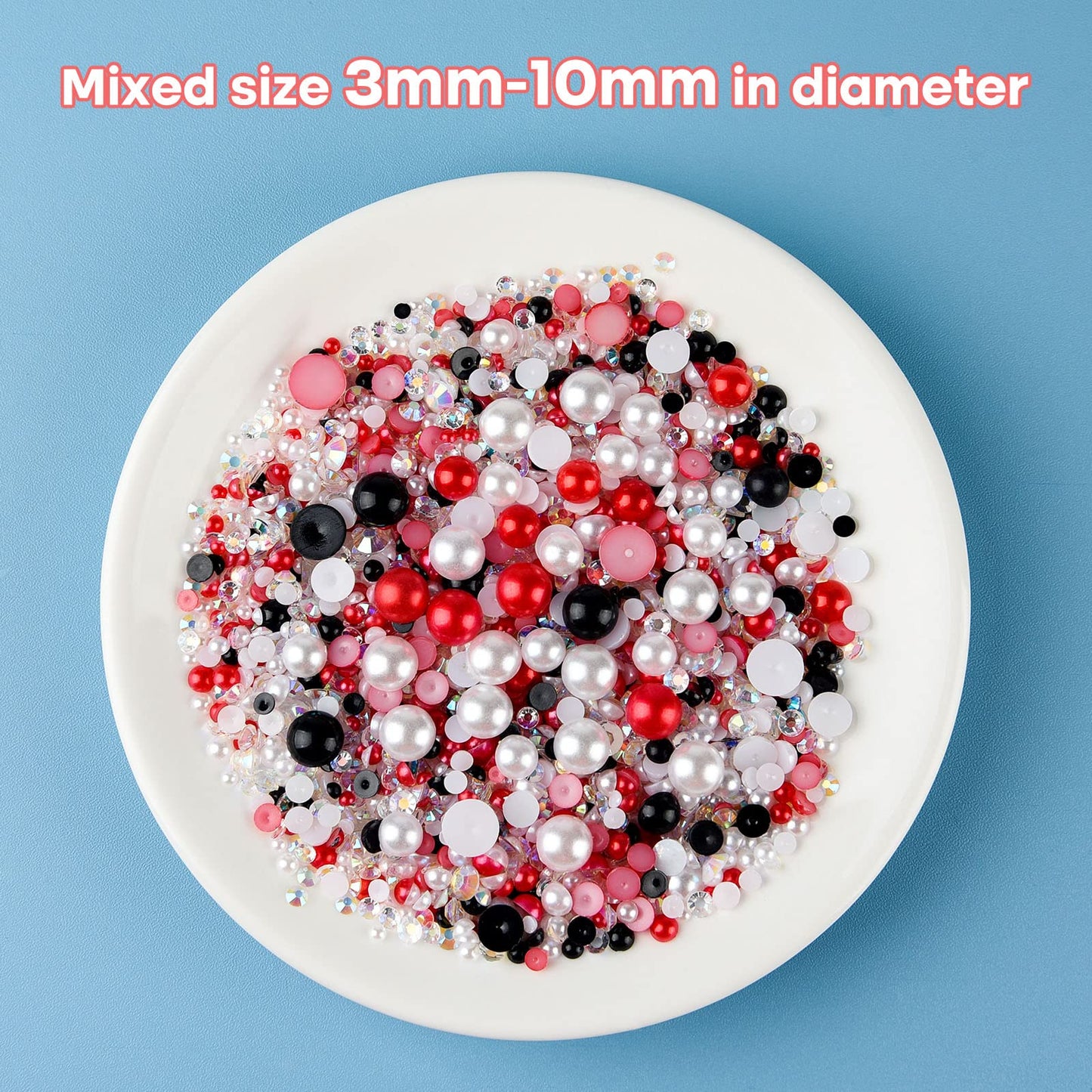 ASTARON 50g Mix Flatback Rhinestones Half Pearls for Crafts Mixed Size 3mm-10mm Flat Back Rhinestones for Crafts Flatback Pearls for DIY Tumblers Mugs Nail Art Shoes Clothes (Red Black Series)