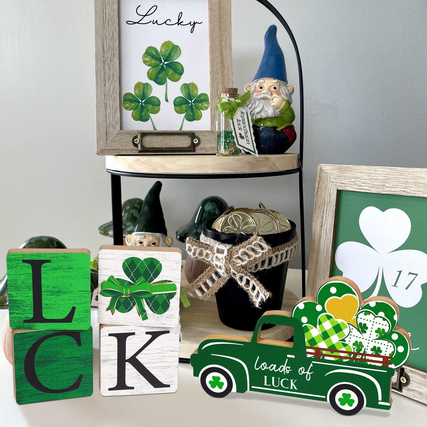 5PCS Valentines Decor/St.Patricks Decorations Reversible Table Centerpieces Tiered Tray Ornament for Home Party Decor
