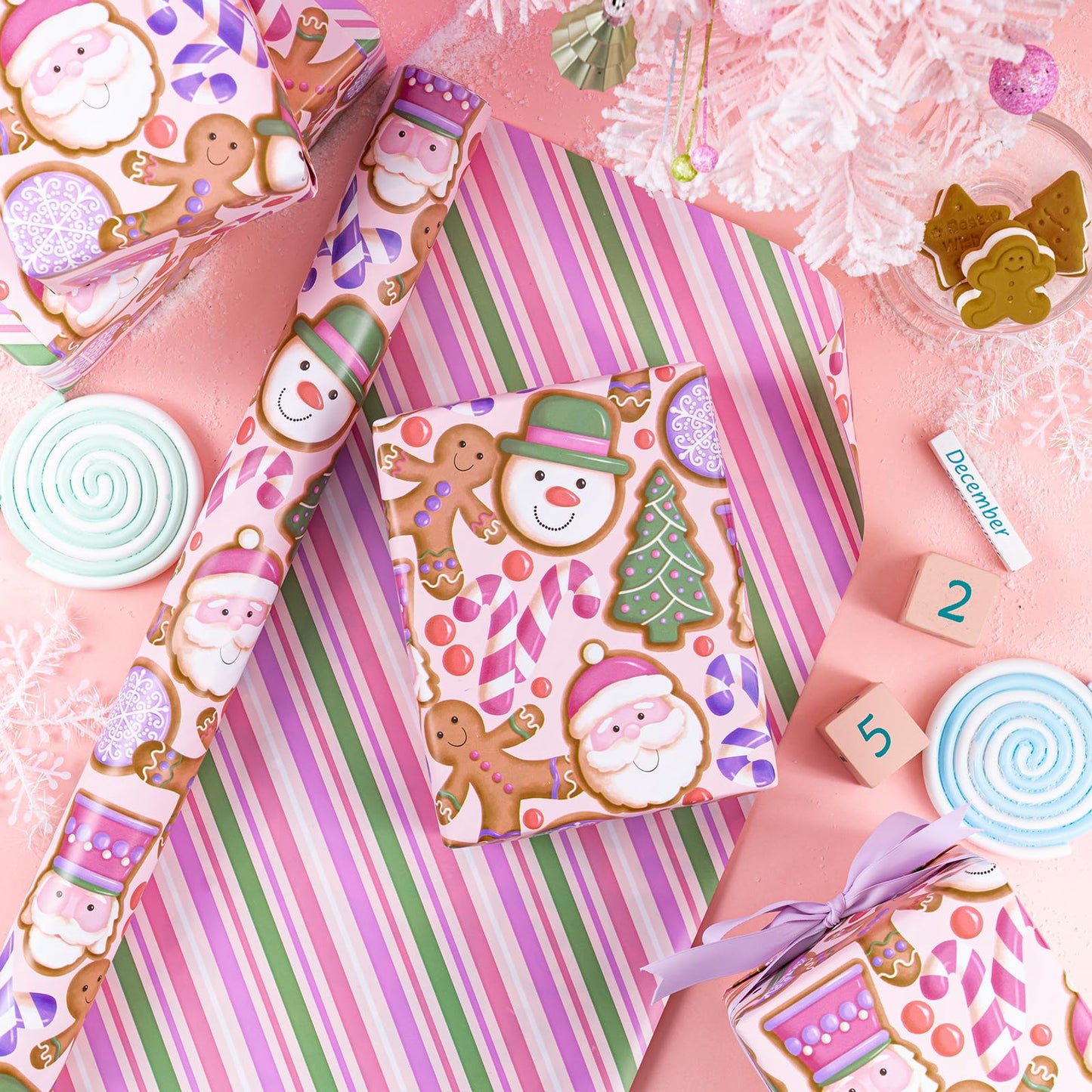 Reversible Gingerbread Christmas Wrapping Paper - Mini Roll - 17 Inch x 33 Feet - Pink Purple Stripes and Gingerbread Wrapping Paper for Xmas Holiday, Party Celebration