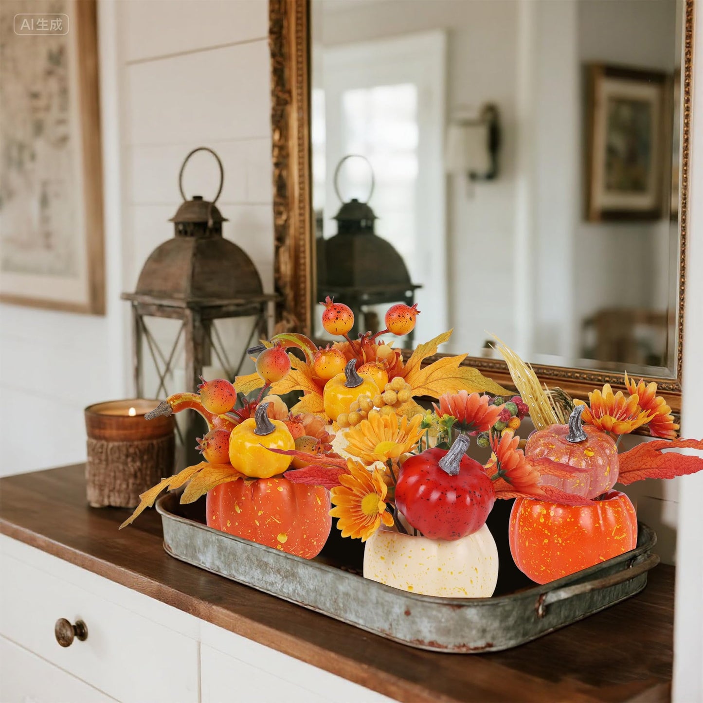 Fall Decorations for Home - Set of 6 Artificial Pumpkins with Maple & Flowers, Thanksgiving Table Decor, Pumpkin Vases Centerpiece for Kitchen Office Indoor