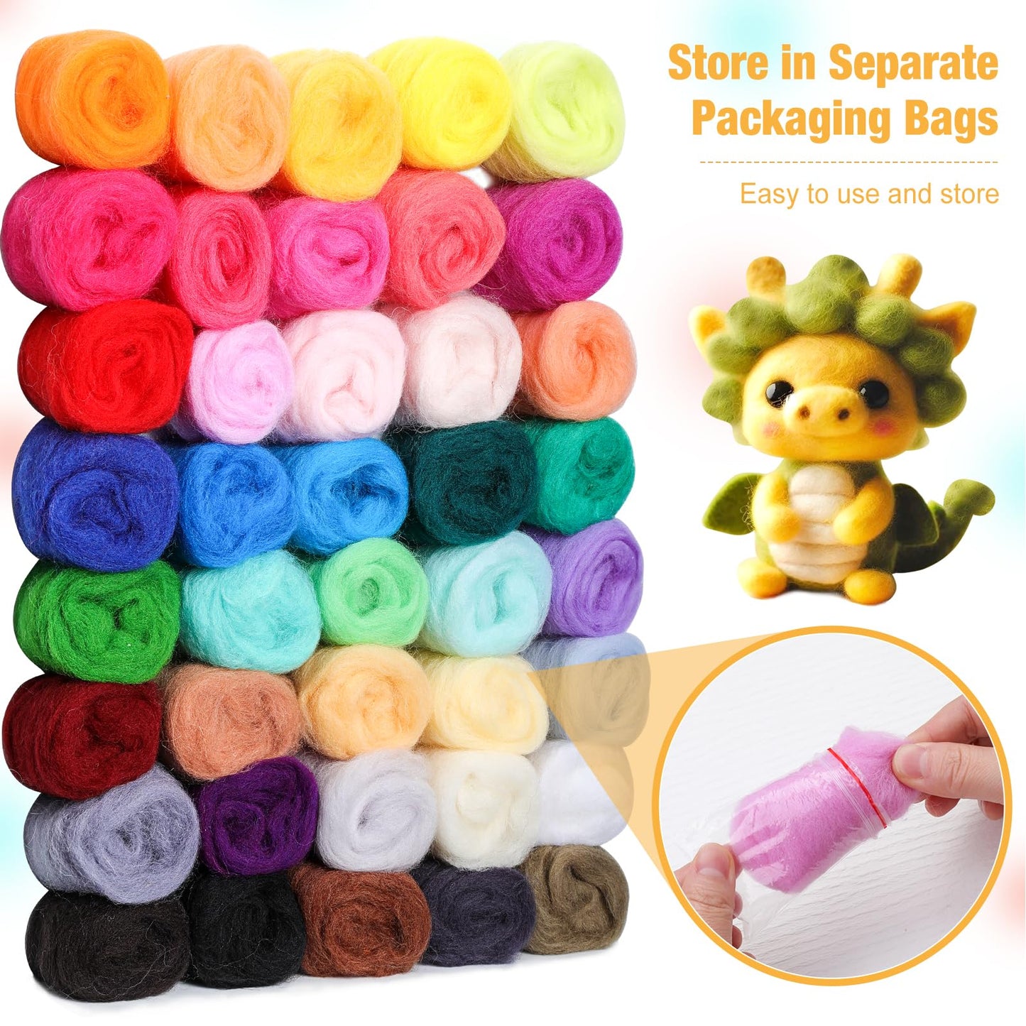 Needle Felting Starter Kit,Wool Roving 40 Colors Set, Wool Felt Tools with Instruction Included for Felted Animal Needle Felting Supplies