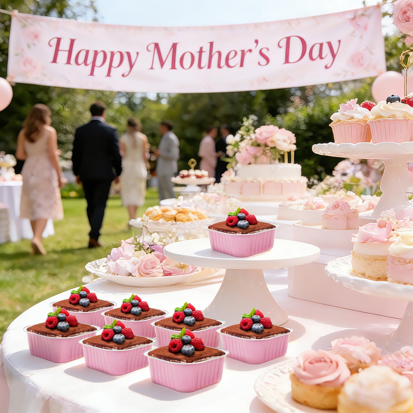NPLUX 50 Pcs Mini Cake Pans with Lids and Spoons Aluminum Foil Mini Square Baking Cups with Lids Disposable Ramekins Cake Pans Dessert Cups for Wedding Mothers Day Gifts Party Favors(Pink,5oz)