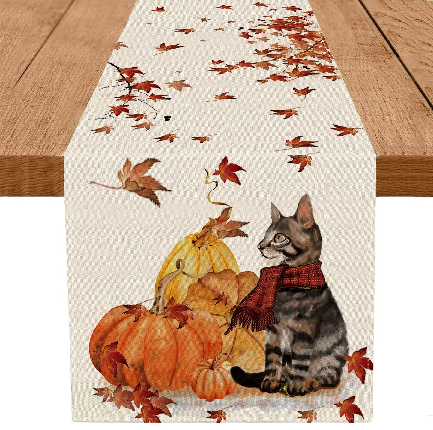 Fall Table Runner Pumpkins Cat Maple Leaf Autumn Harvest Seasonal Thanksgiving Decorations for Home Kitchen Dining Room Party Decor 13 x 48 Inch
