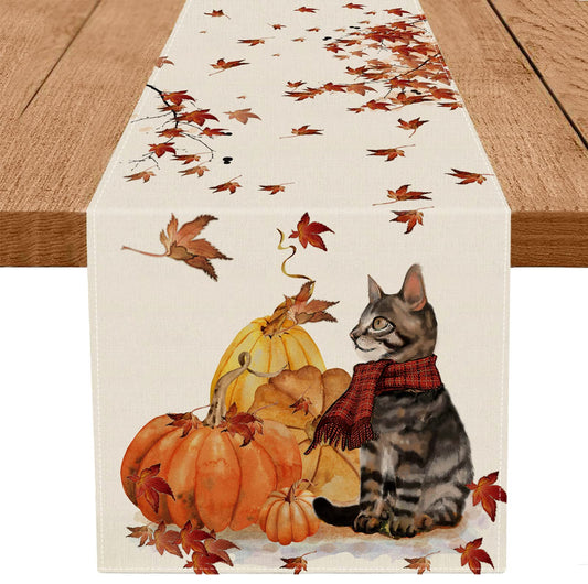 Fall Table Runner Pumpkins Cat Maple Leaf Autumn Harvest Seasonal Thanksgiving Decorations for Home Kitchen Dining Room Party Decor 13 x 48 Inch