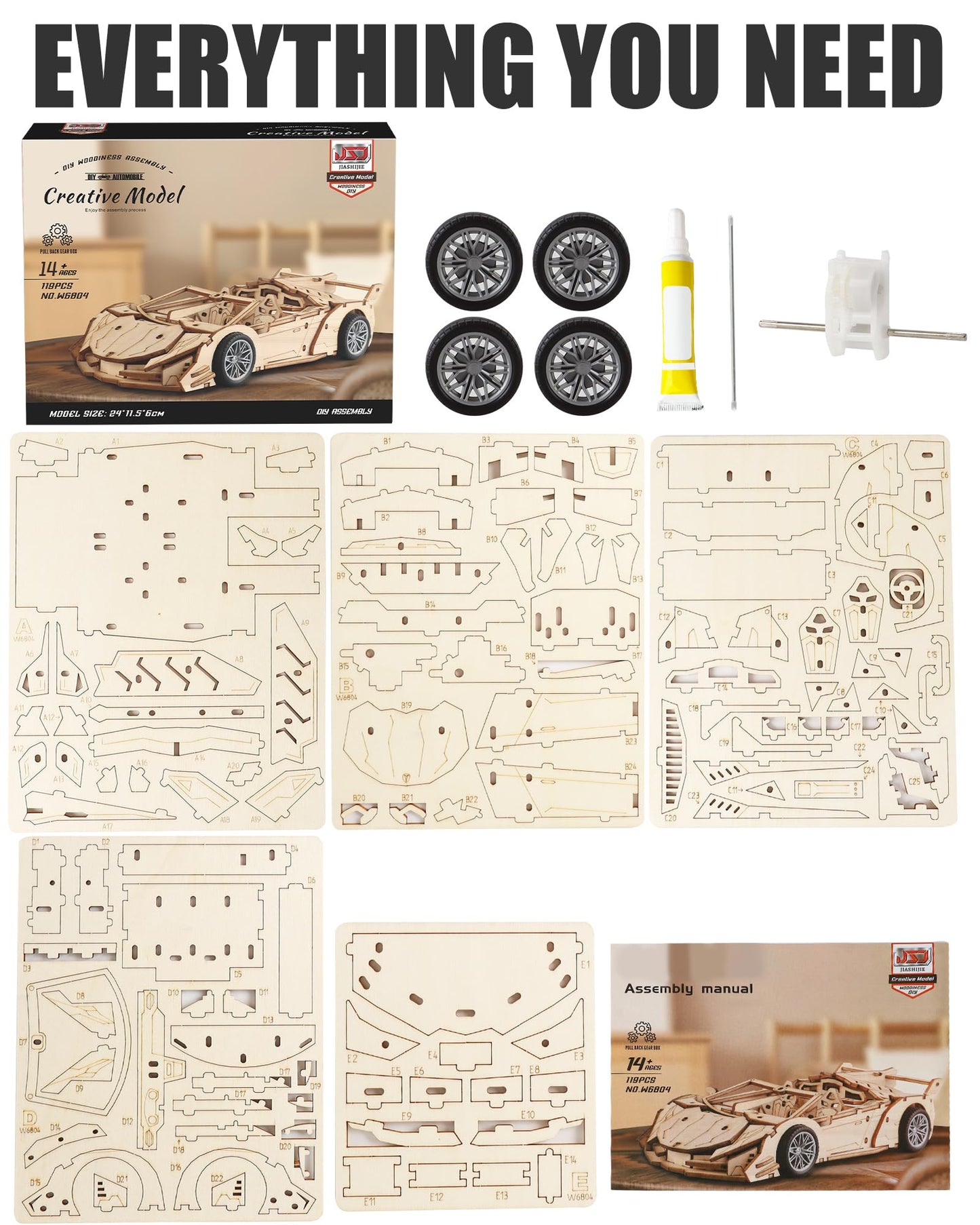 MOCBURIKU 3D Wooden Puzzles for Adults Roadster, Mechanical Wood Sport Car Model Kits for Adult to Build, DIY Assembly Building Toys with Pull Back Function, 119pcs Wood Craft Hobby Gift for Men Teens