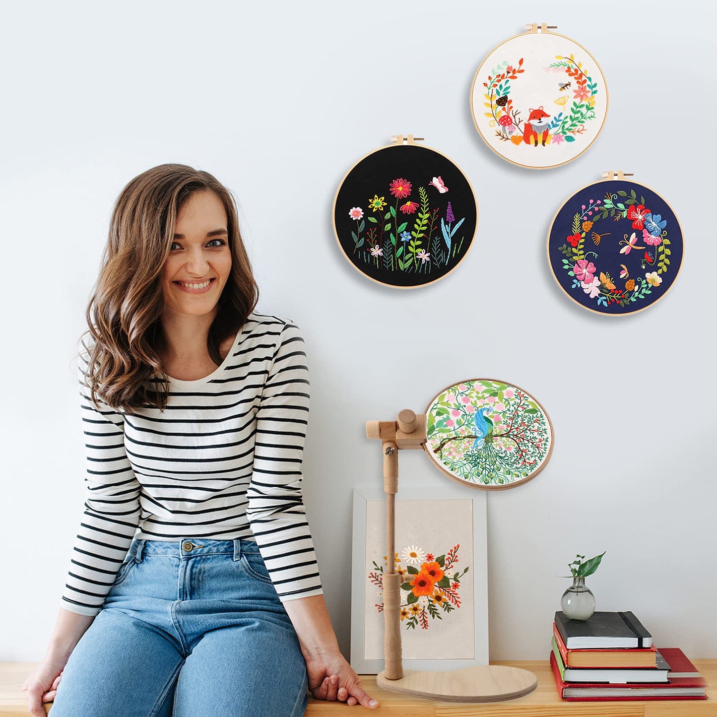 ZOCONE Beech Wood Adjustable Rotated Embroidery Hoop Stand with 2 Pcs 6'' 8'' Embroidery Hoops, Wooden Embroidery Stand, Embroidery Hoop Holder for Cross Stitch and Embroidery Project (A)