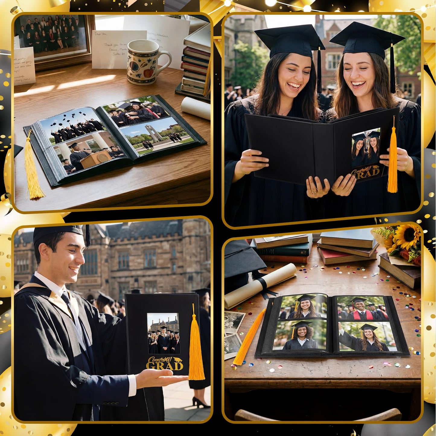 Gersoniel 2026 Graduation Photo Albums with 200 Pockets Leather Cover 4x6 Picture Featuring Cutouts for Tassel Graduation Photo Memory Scrapbook Book Holds Gift for Senior High School College Graduate