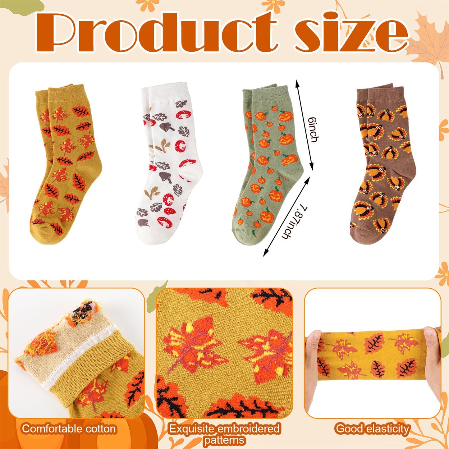 4 Pairs Thanksgiving Autumn Fall Socks Turkey Maple Leaf Pumpkin Mushroom Novelty Crew Socks for Women Men(Autumn Color)