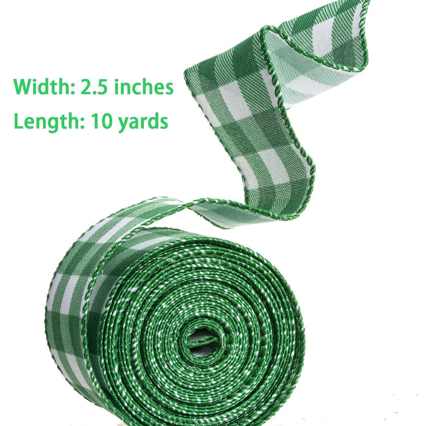 Green and White Buffalo Plaid Ribbon Wired Edge Gingham Ribbon for St Patrick's Day Decoration and Bows Craft,10 Yards by 2.5 Inches