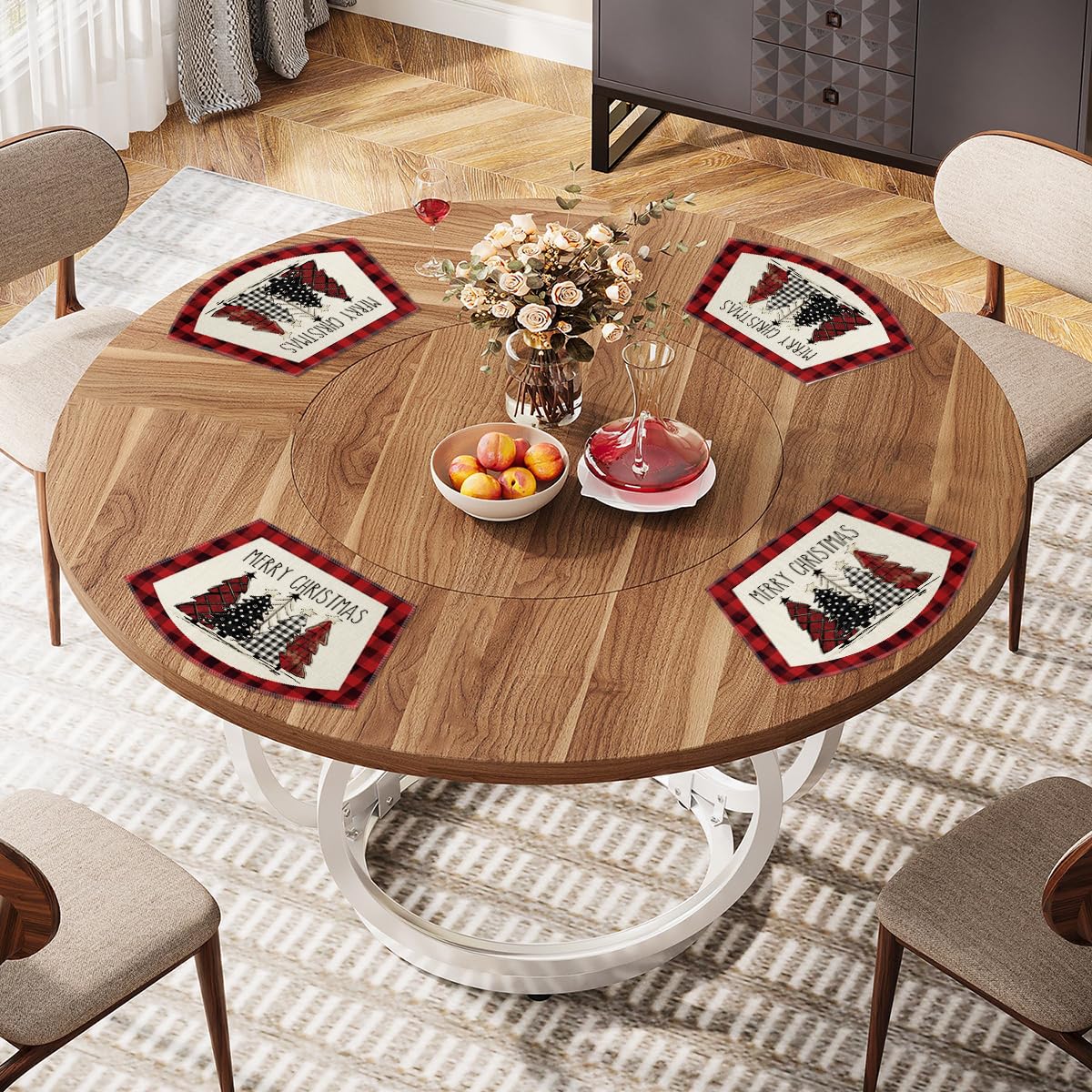 Artoid Mode Red Christmas Trees Wedge Shape Placemats for Round Table Set of 6, Winter Seasonal Kitchen Dining Table Decoration for Indoor Party Home