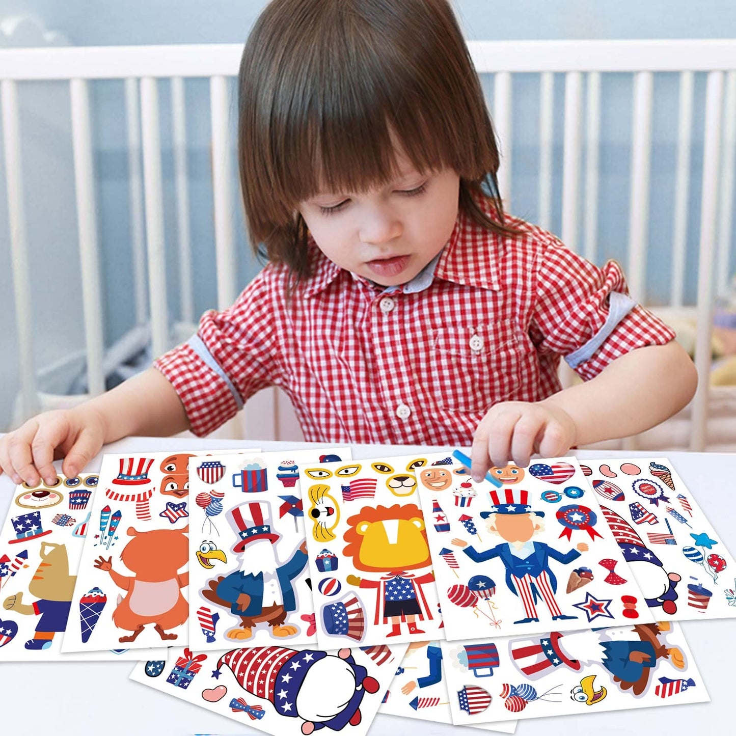 24 Sheets 4th of July Sticker, Make-a-face Sticker for Kids, Independence Day Make Your Own Stickers, Fourth of July American Birthday Patriotic Crafts Stickers, Veterans, Memorial Day