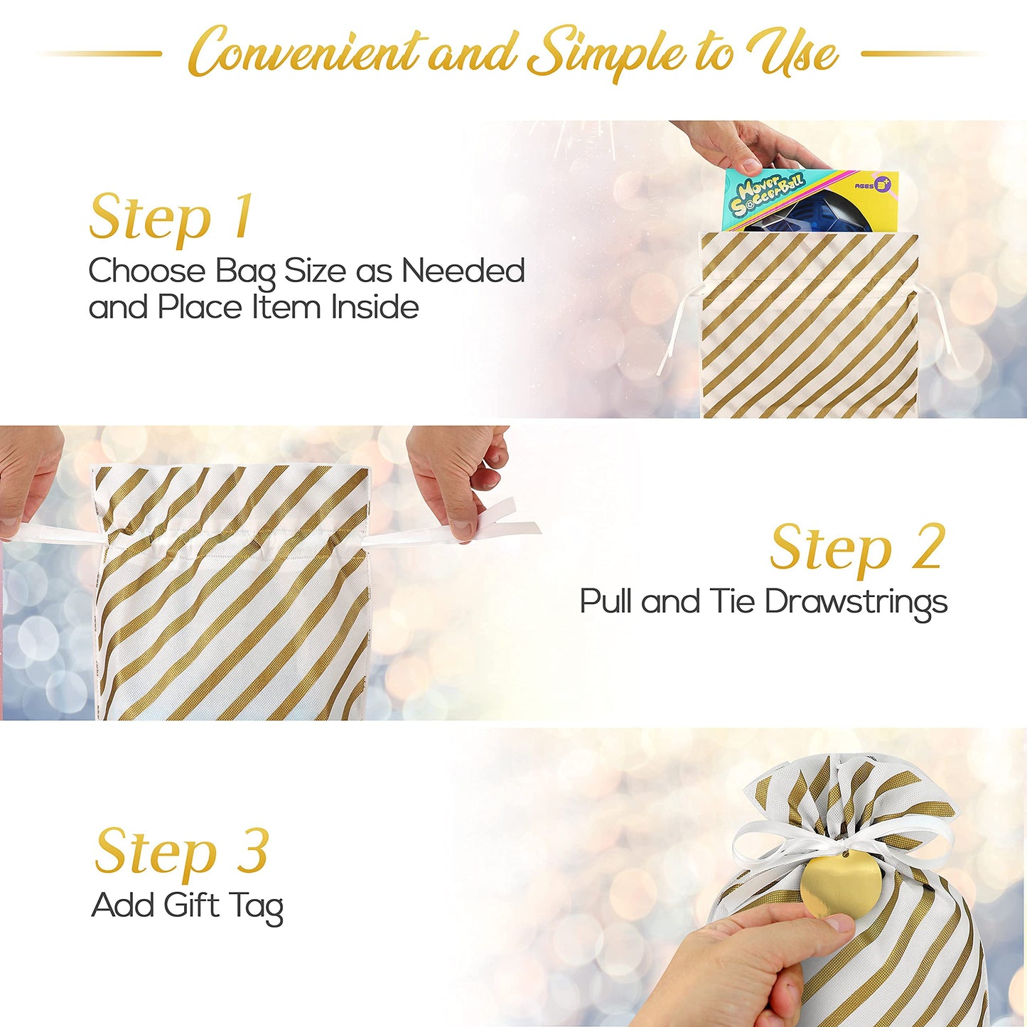 Fabric Gift Bags for Presents - 6 Pcs Reusable Bags with Drawstring, Large Gift Bags for Christmas, Assorted Sizes (Gold)
