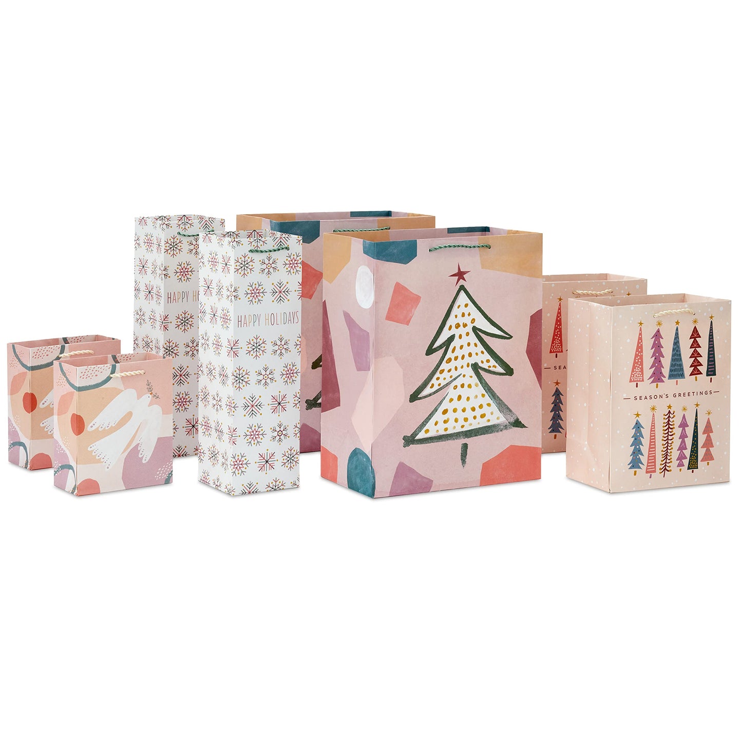Boho Christmas Gift Bag Assortment (8 Bags: 2 Small 6", 2 Medium 9", 2 Large 13", 2 Bottle Bags) in Pastel Pink, Purple, Hunter Green, White Dove, Snowflakes, Trees