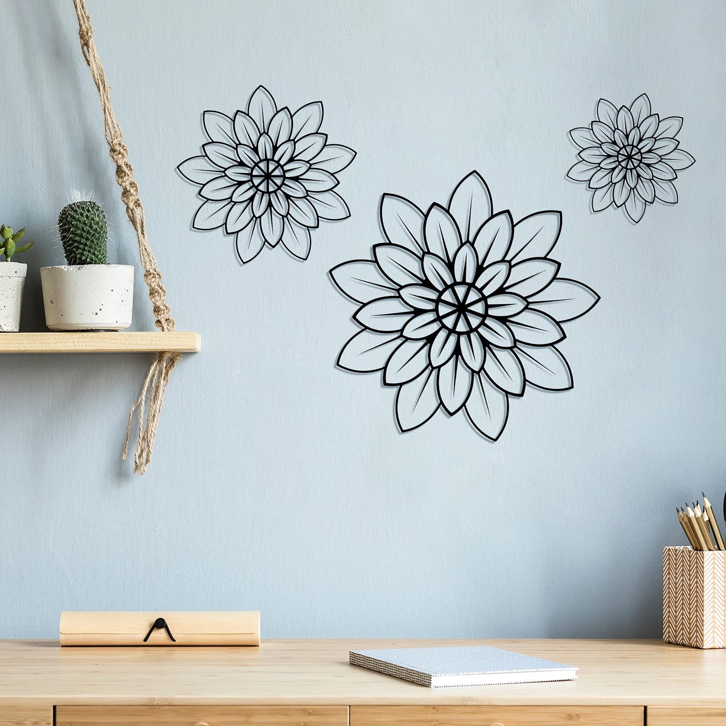 3 Pieces Metal Wall Art Metal Flowers Wall Decor Metal Wall Art Floral Home Decoration for Bedroom Living Room, Bathroom, Kitchen, Outdoor (Black)