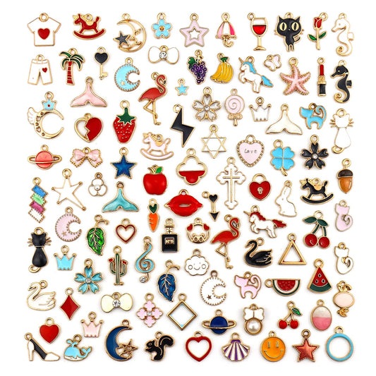100PCS Gold Plated Enamel Charms Mixed Moon Star Fruit Animal Charm Colorful Pendant DIY for Necklace Bracelet Jewelry Making and Crafting