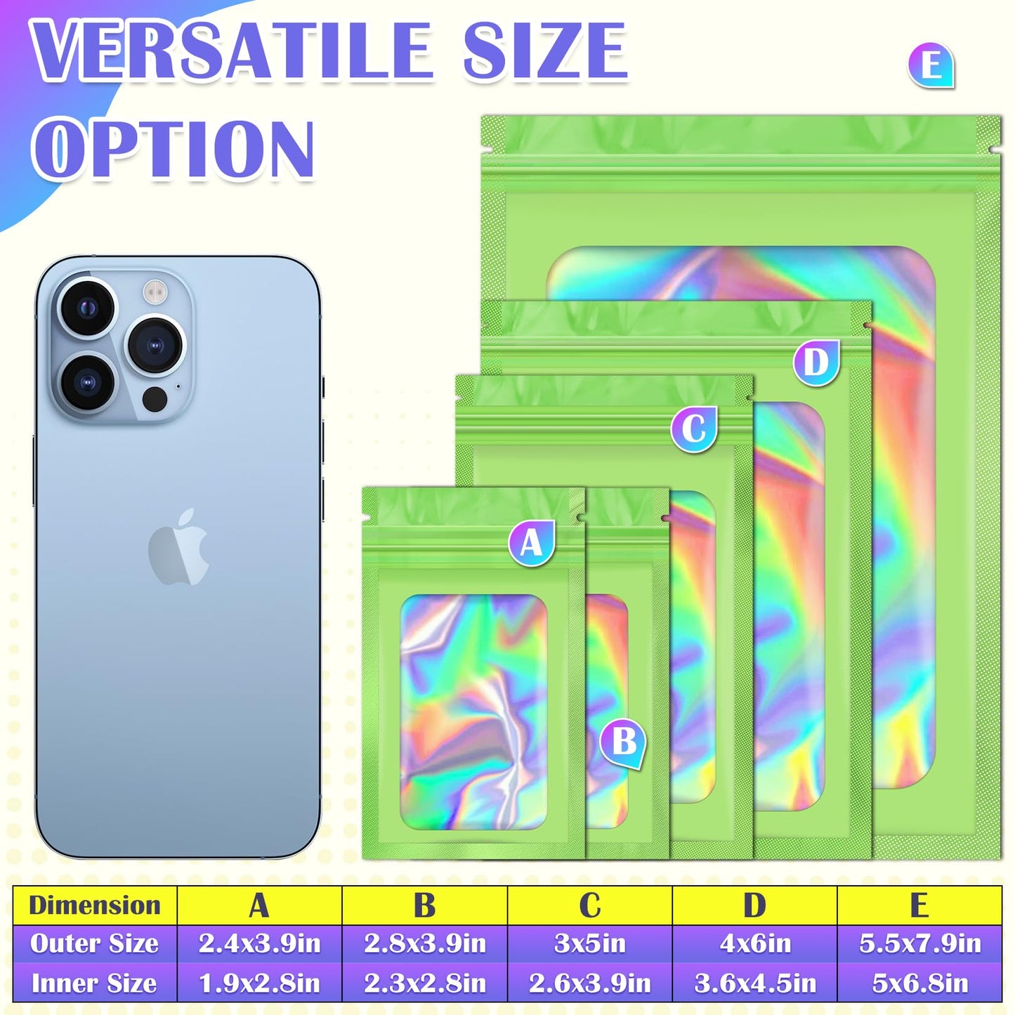 JETMORE 300 Pcs Mylar Bags, Smell Proof Bags Foil Pouch, Holographic Resealable Bags for Small Business, Candy Sample Jewelry Bag Sealable Packaging for Party Favor Food Storage (2.4x3.9in-Green)