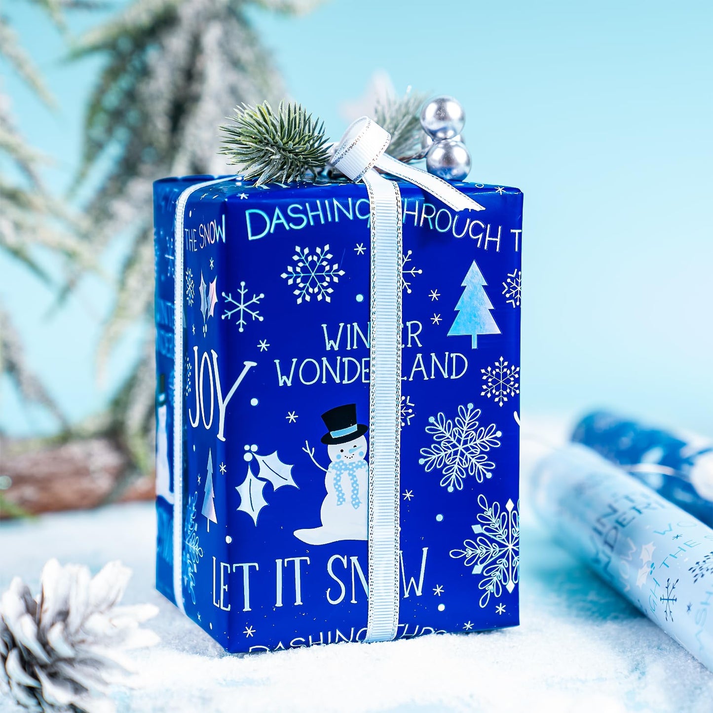 Christmas Wrapping Paper Roll - Mini Roll - 3 Rolls - 17 Inch x 120 Inch Per Roll - Blue and White Winter Wondland, Snowflake, Snowman Holiday Collection with Metallic Foil Shine
