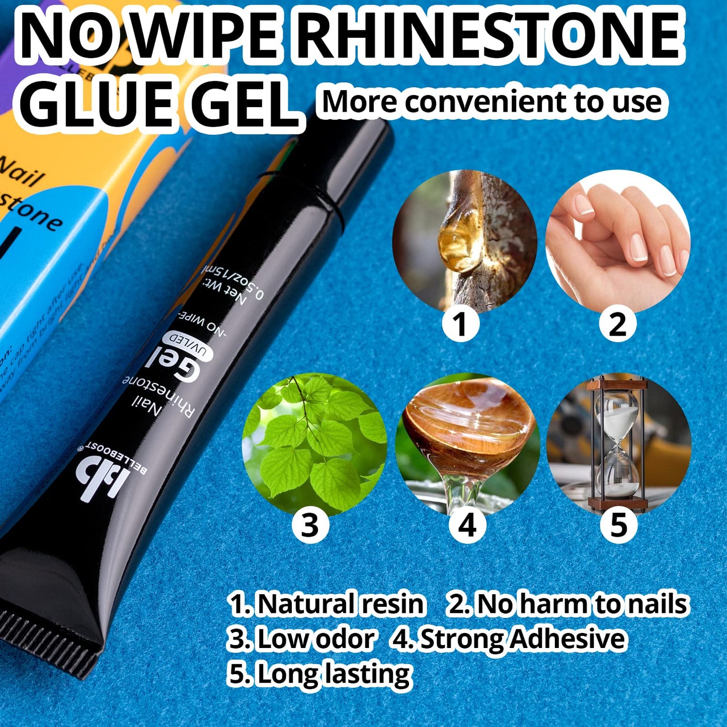 Nail Art Rhinestone Glue Kit - 1 Tube of 15ml Gel + Colorful Gems + Flat-back Round Glass Crystals With Pickup Tools