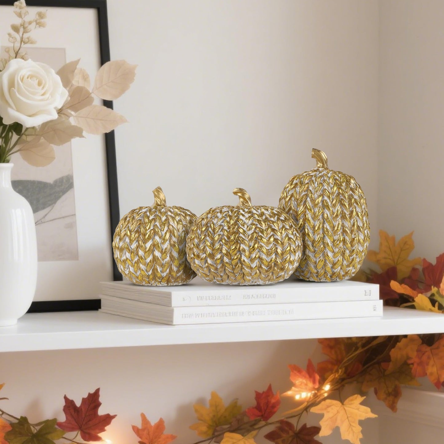 Fall Decorations for Home Set of 3, Gold & White Resin Pumpkin Decor with Woven Design - Thanksgiving Table Centerpiece, Mantel, Indoor & Outdoor Farmhouse Autumn Décor