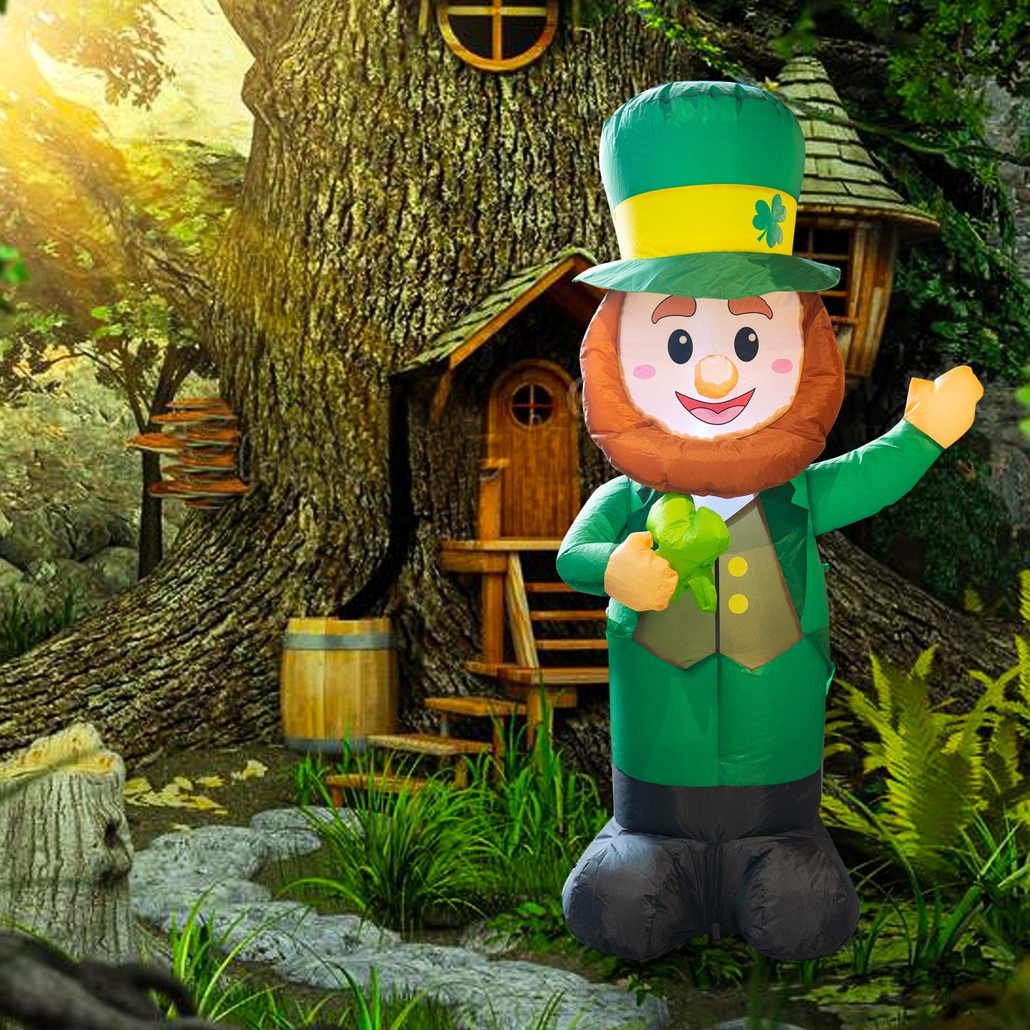 4 Feet Inflatable St Patrick's Day Decoration, Blow Up Leprechaun with Green Hat and Lucky Clover in Hand for Indoor Outdoor Lawn Yard
