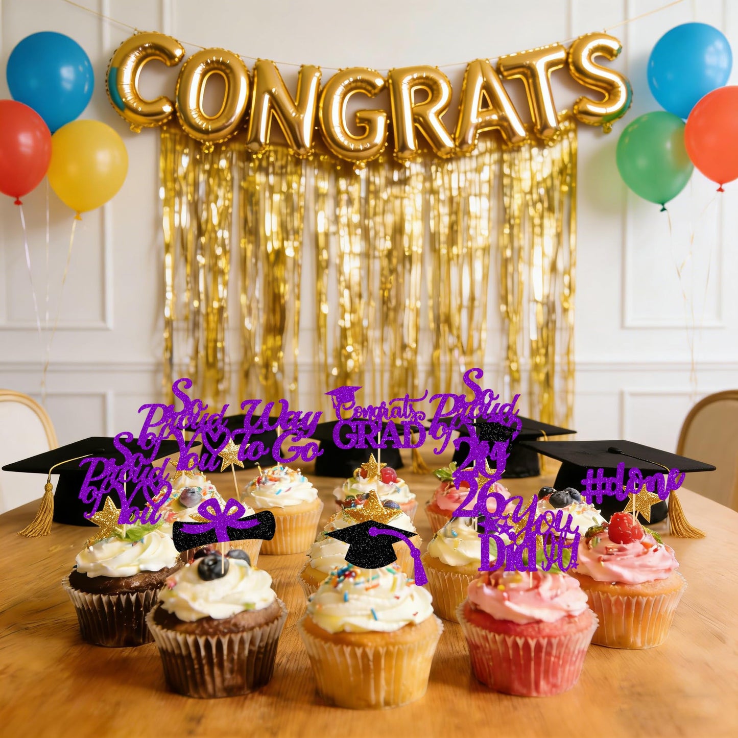 Graduation Decorations 2026 Purple, Graduation Cupcake Toppers 2026 Purple Black, Glitter Class of 2026 Cupcake Toppers Supplies, Class of 2026 Congrats Grad Cap Diploma Cupcake Picks - 40Pcs