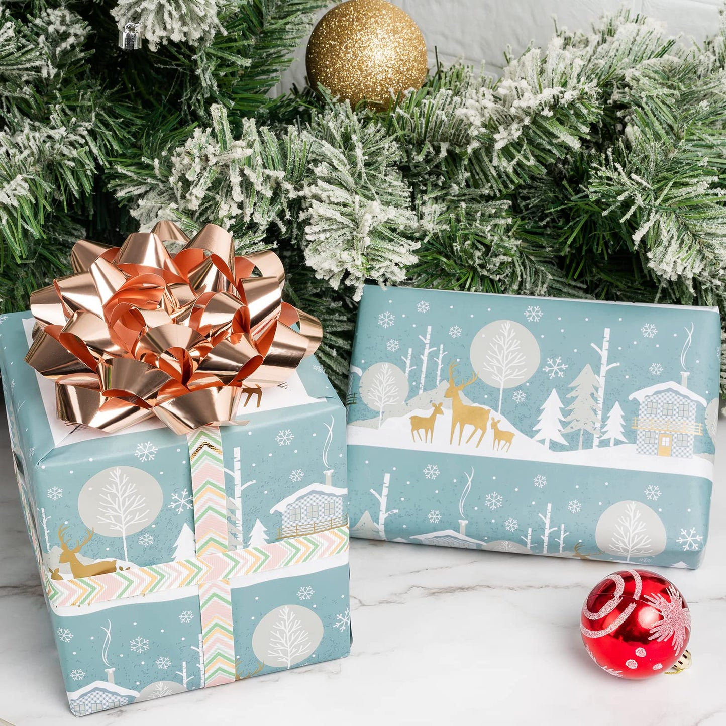 Reversible Christmas Wrapping Paper - Mini Roll - 17 Inch x 33 Feet - Blue and White Reindeer Holiday Landscape and Stripe Design for Christmas, Holiday, Party