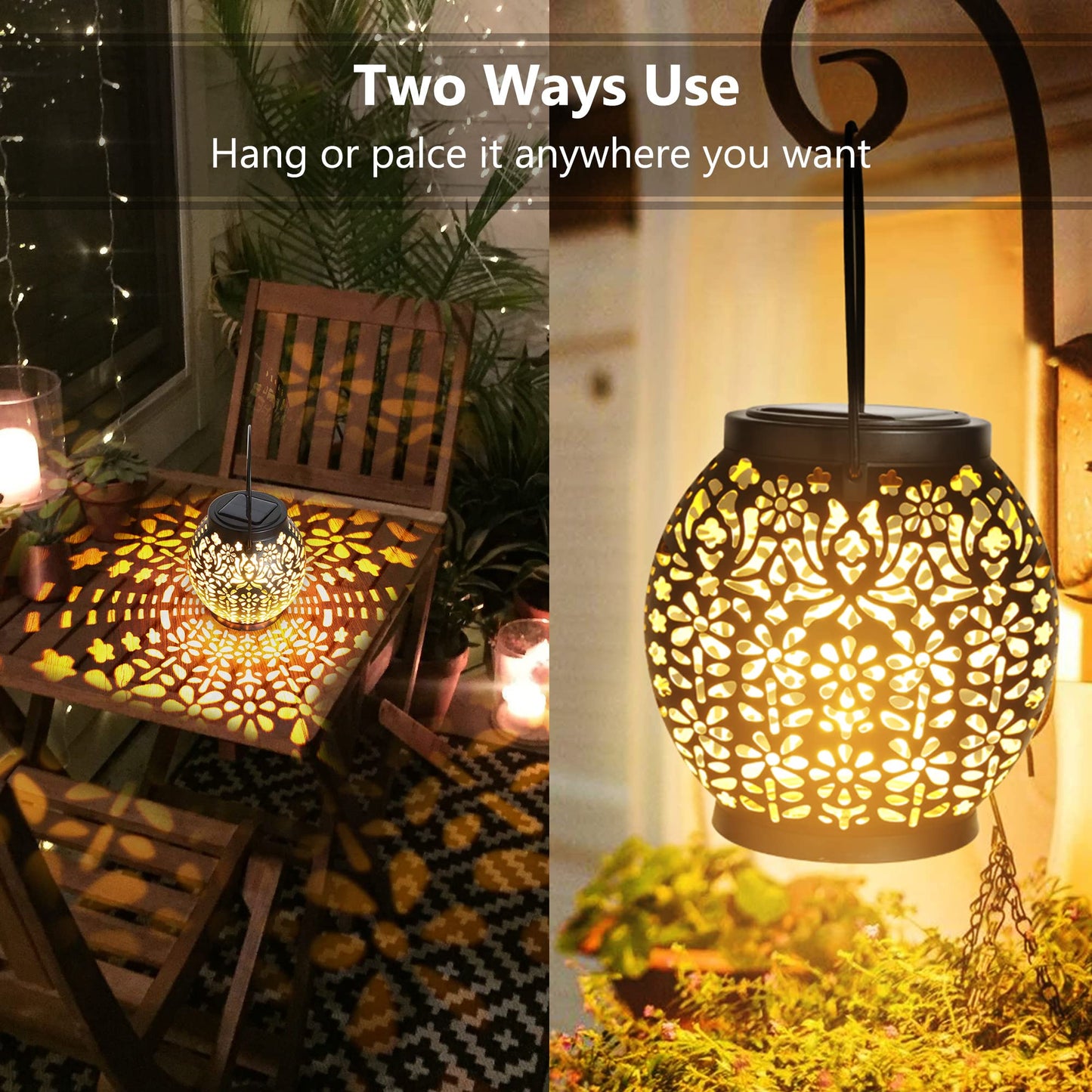 Solar Lantern Lights, 2 Pack Outdoor LED Hanging Lantern Lights with Star Projection, Warm White Solar Garden Lighting Retro Table Lanterns Light Waterproof for Garden Patio Courtyard Path