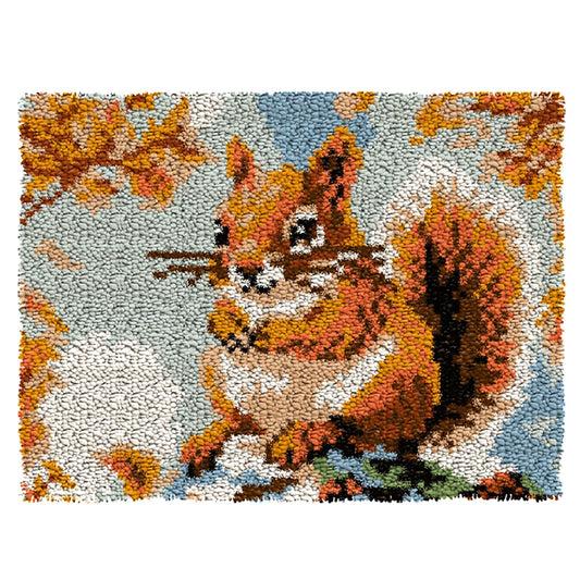 Squirrel Latch Hook Rug Kit for Adults DIY Animal Rug Making Craft Cross Stitch Cushion Crochet Yarn Kits Color Printed Canvas for Home Decor Festival Gift 20.5X15inch