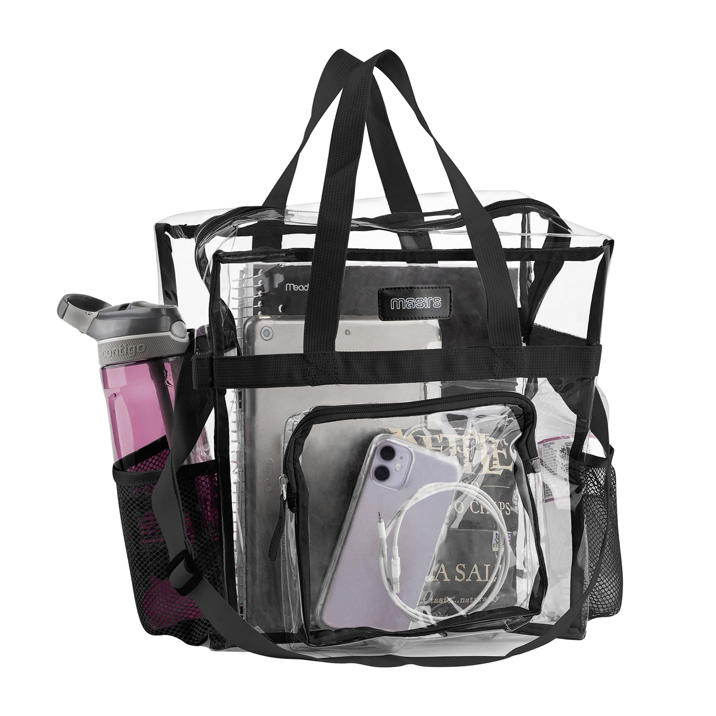 Masirs Clear Tote Bag Stadium Approved, Mesh Pockets, Shoulder Straps and Zippered Top, Perfect Clear Bag for Work, School, Sports Games and Concerts, Meets Stadium Tournament Guidelines, (Black)