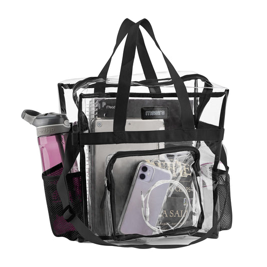 Masirs Clear Tote Bag Stadium Approved, Mesh Pockets, Shoulder Straps and Zippered Top, Perfect Clear Bag for Work, School, Sports Games and Concerts, Meets Stadium Tournament Guidelines, (Black)