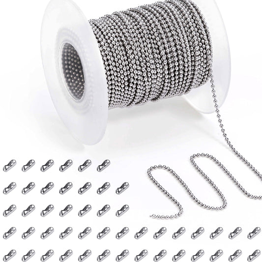 PP OPOUNT 53 Feet Ball Bead Chain, 1.5 mm Adjustable Pull Chain Beaded with 50 PCS Matching Connectors, Stainless Steel Bead Chain for Jewelry Making Necklace Keychain Dog Tag Chain