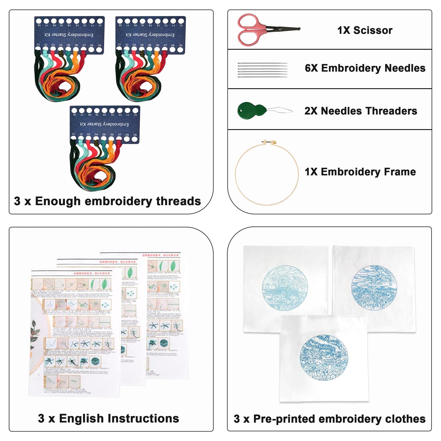 Maydear 3 Sets Embroidery kit for Beginners Adults,Embroidery Kit Punch Needle Kit Cross Stitch Kits with Embroidery Hoop and Instructions,Hand Embroidery Starter Kit