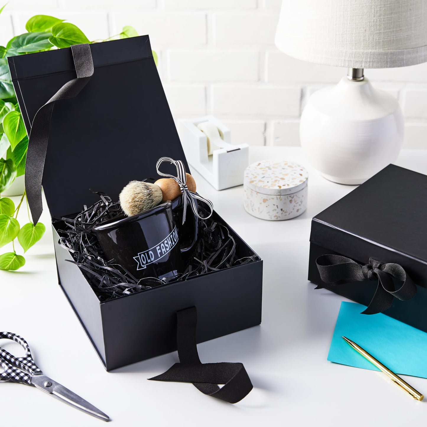 Medium Gift Boxes with Bow and Shredded Paper Fill, Pack of 2 (Black 8 inch Box) for Weddings, Graduations, Birthdays, Father's Day, Groomsmen Gifts, All Occasion