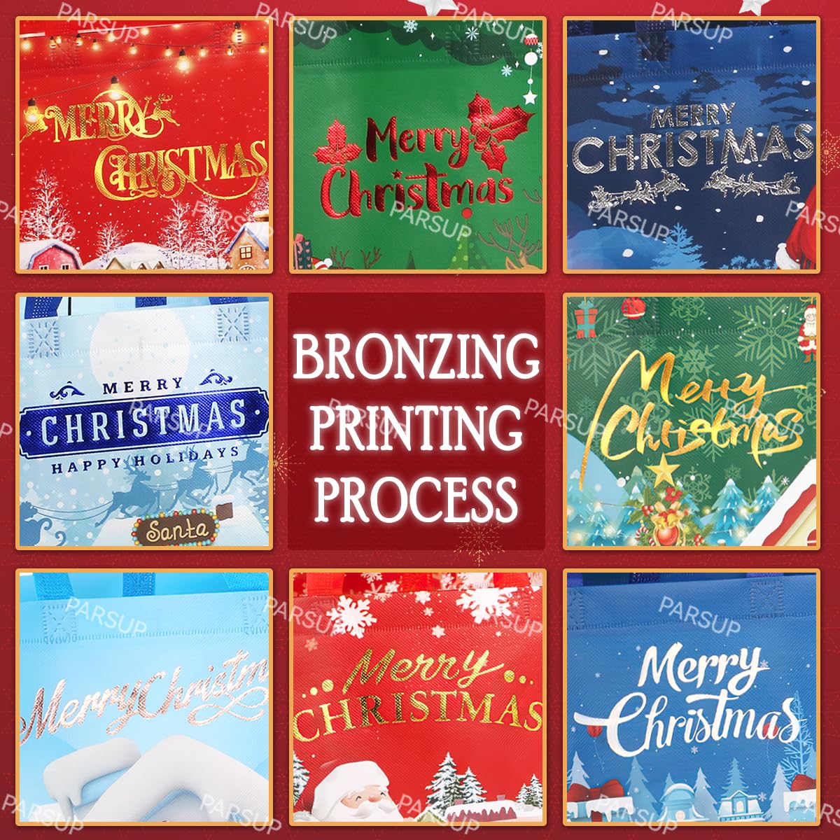 8PCS Christmas Gift Bags, Bronzing Christmas Tote Bags with Handles, Treat Bags, Multifunctional Non-Woven Bags for Gifts Wrapping Shopping, Xmas Basket Party Supplies, 12.8"×9.8"×6.7"