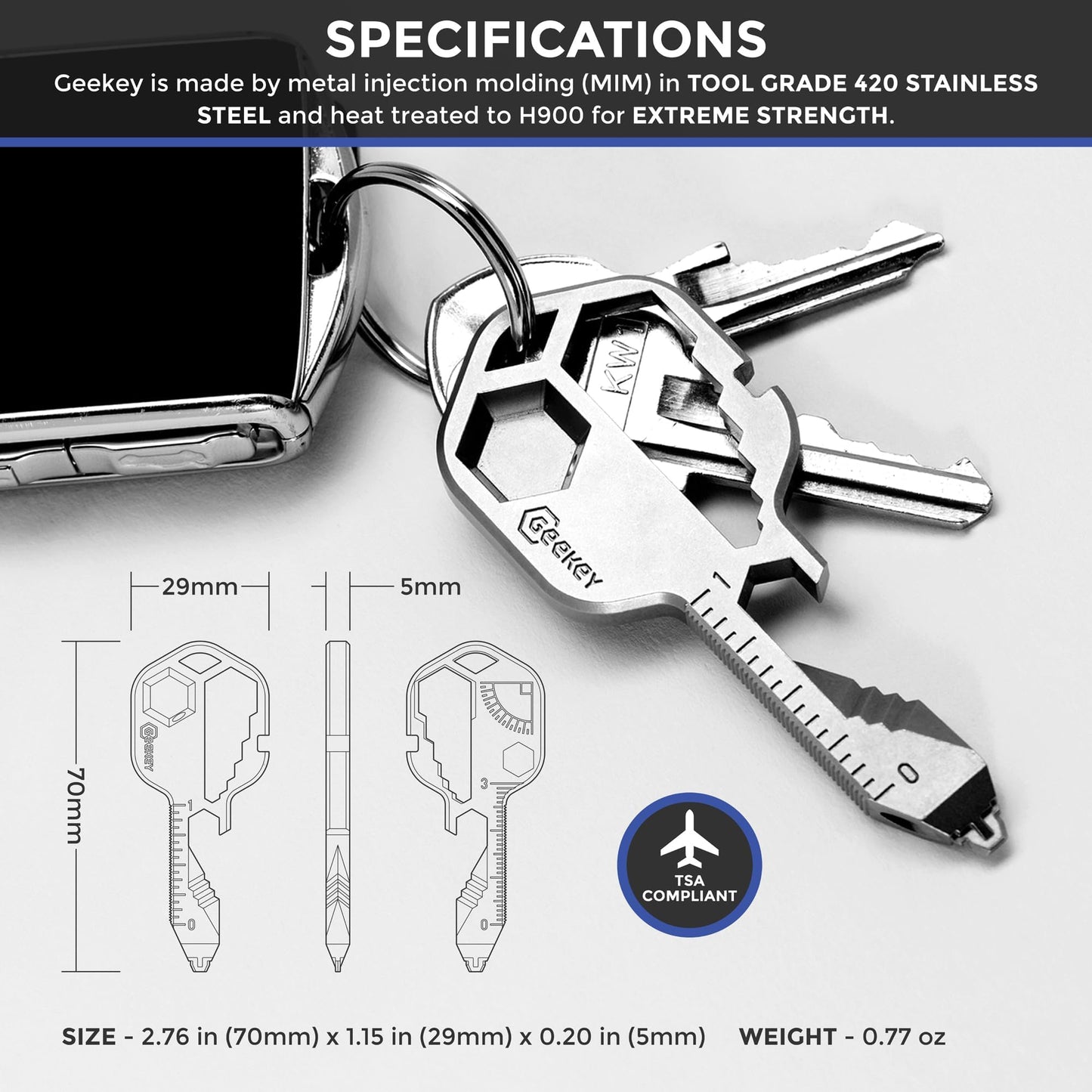 Geekey Keychain Multitool – Key Tool with 16+ Functions | Bottle Opener Keychain, EDC Multitool, Screwdriver, Wrench, Box Cutter | Good for Travel, Outdoor, Hiking | TSA Safe