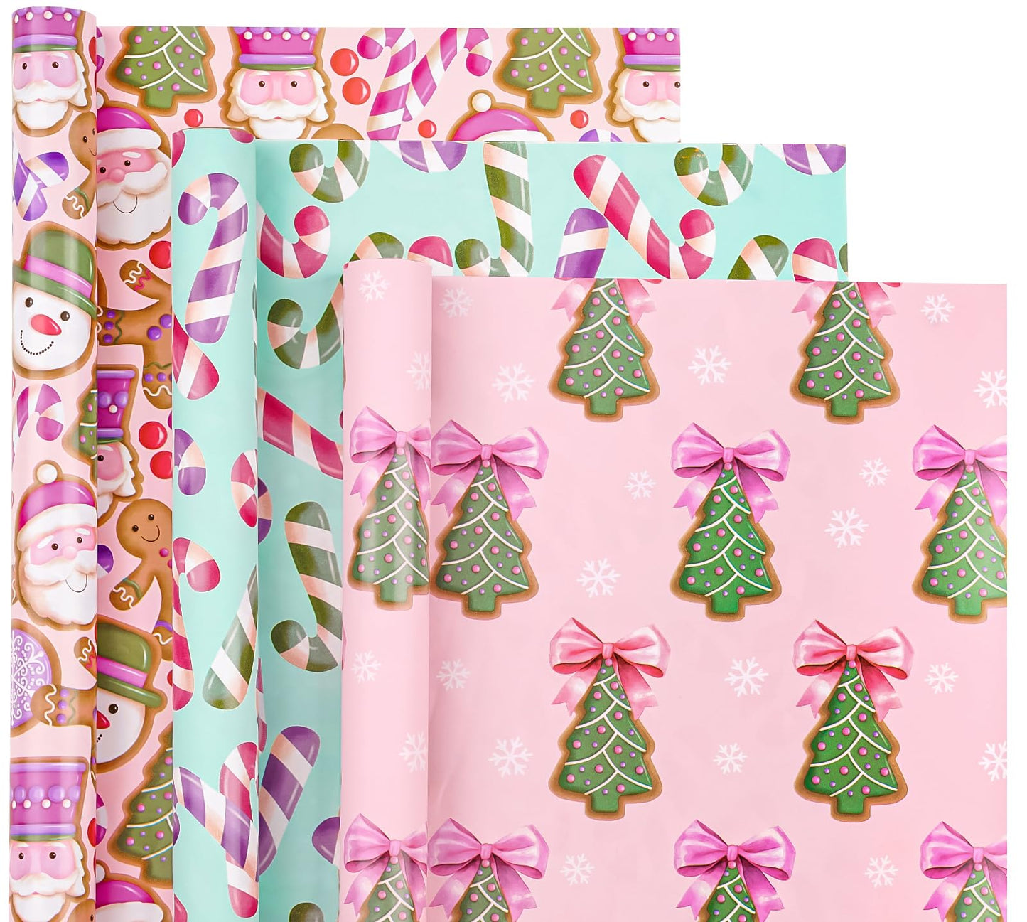 Christmas Wrapping Paper Roll - Mini Roll - 3 Rolls - 17 Inch x 120 Inch Per Roll - Pink & Blue Gingerbread Wrapping Paper Holiday Collection for Xmas Holiday, Party Celebration