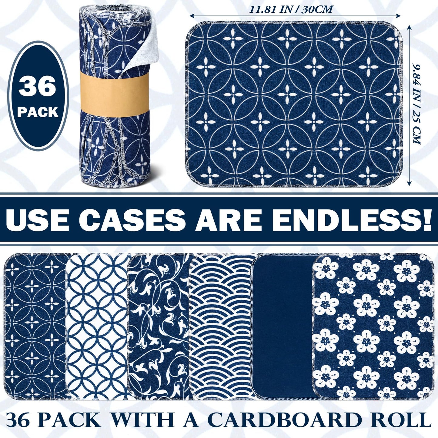 36 Pack Japanese Reusable Cleaning Cloths Washable Cotton Kitchen Towels for Home (Blue)