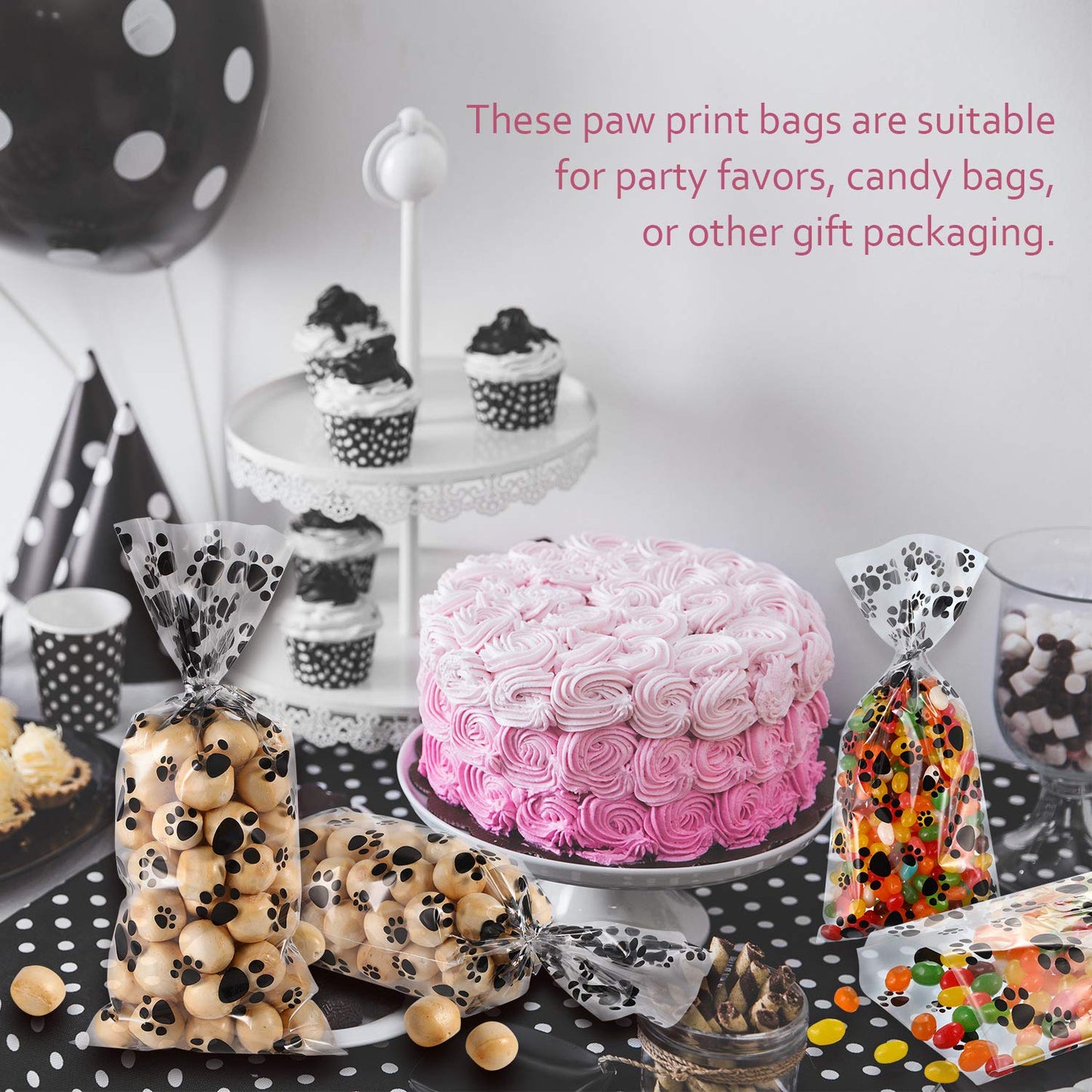 Blulu 200 Pcs Pet Paw Print Cellophane Bags Dog Party Favor Bags Heat Sealable Treat Bags Dog Paw Gift Bags Cat Candy Bags with 200 Pieces Silver Twist Ties for Pet Treat Party Favor (Black)