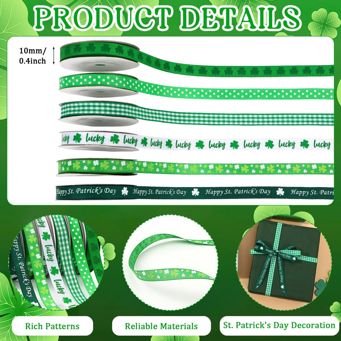 St Patrick's Day Ribbon 6 Rolls 60 Yards Shamrock Grosgrain Ribbon for Craft 10mm Wide Lucky Clover Ribbons for Irish Holiday Gift Wrapping Hair Bow Sewing Home Party Decoration