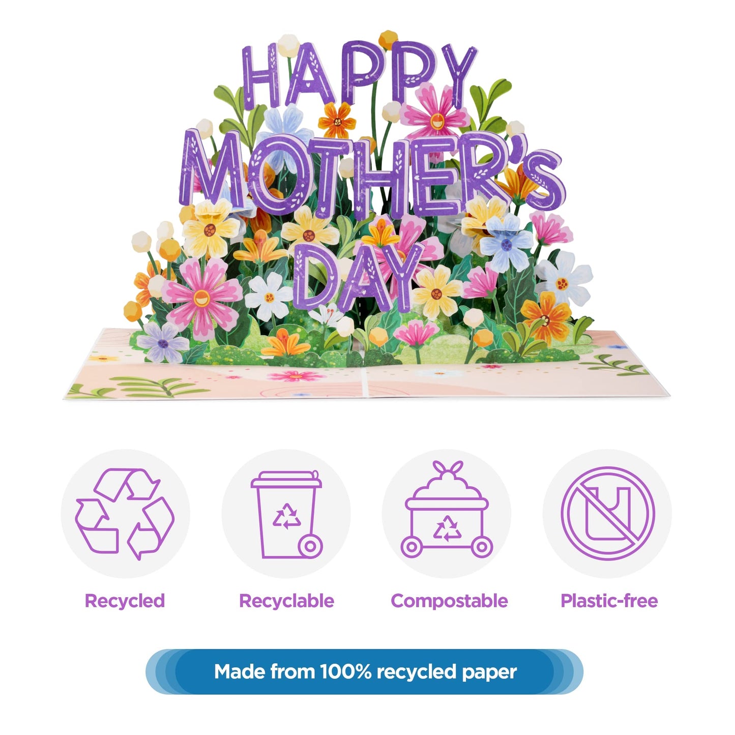 Paper Love Frndly 3D Pop Up Happy Mothers Day Card, Handcrafted - 100% Recycled and Eco-Friendly, 8" x 6" Cover - with Note Tag