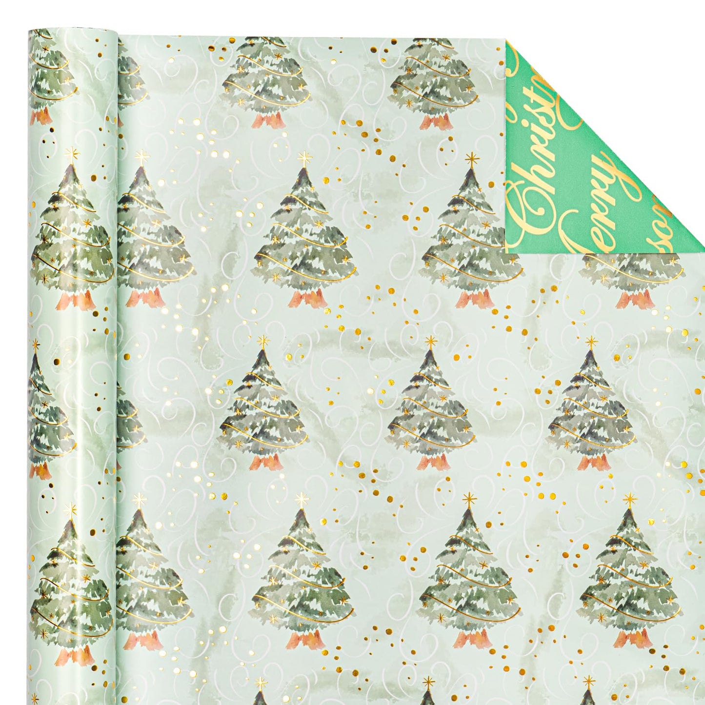 Reversible Green Christmas Wrapping Paper - Mini Roll - 17 Inch x 33 Feet - Watercolor Green Christmas Tree Wrapping Paper with Metallic Foil Shine for Holiday, Party, Celebration