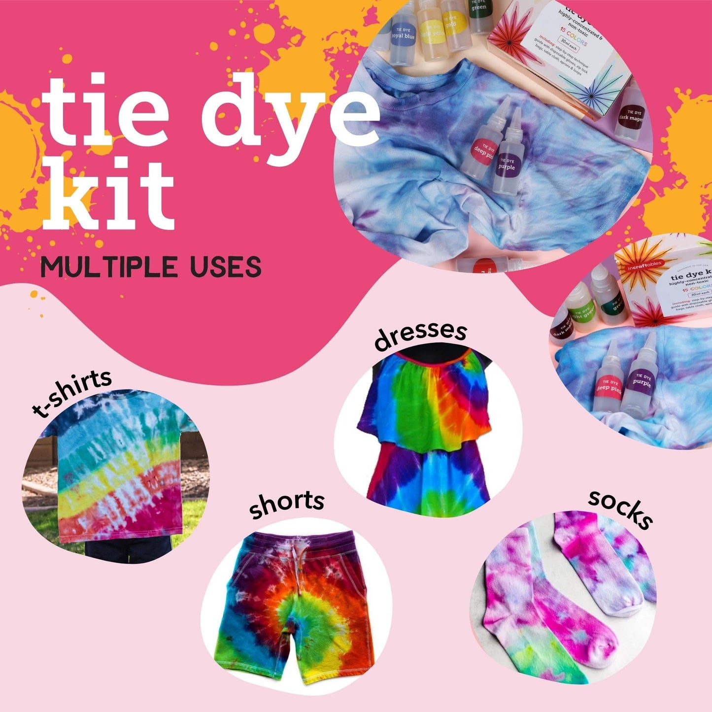 Incraftables Tie Dye Kit for Adults & Kids. Bulk Tie Dye Powder Set Non Toxic 15 Colors Guide, Disposable Gloves, Zip Lock Bags, Table Cloth, Aprons & Loops for Beginner & Pro