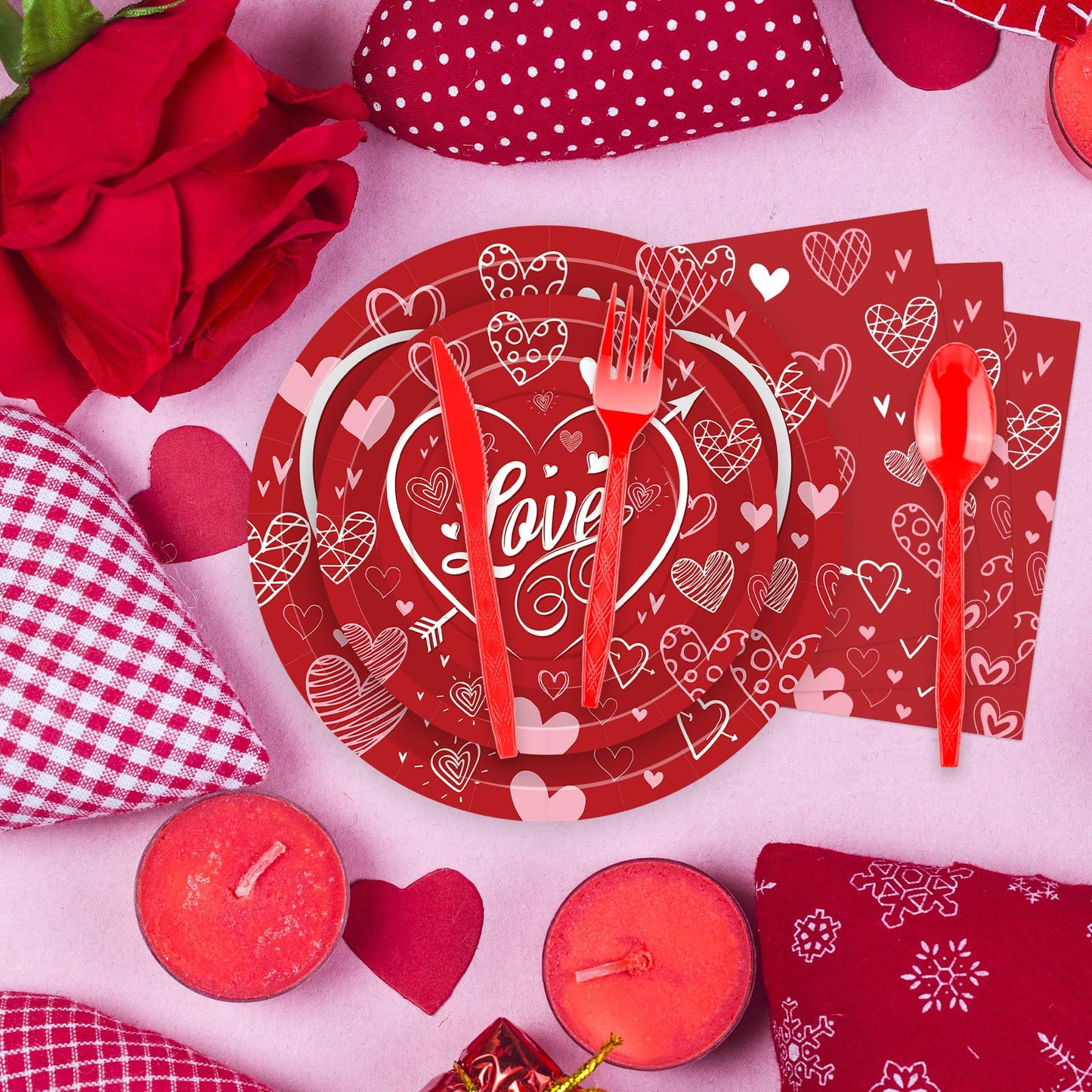 175 Pcs Valentine's Day Tableware Set - Serves 25, Heart and Love-Themed Disposable Plates, Cups, Napkins, Forks, Spoons, Knives for Valentine, Wedding Party Supplies, Romantic Holiday Gatherings