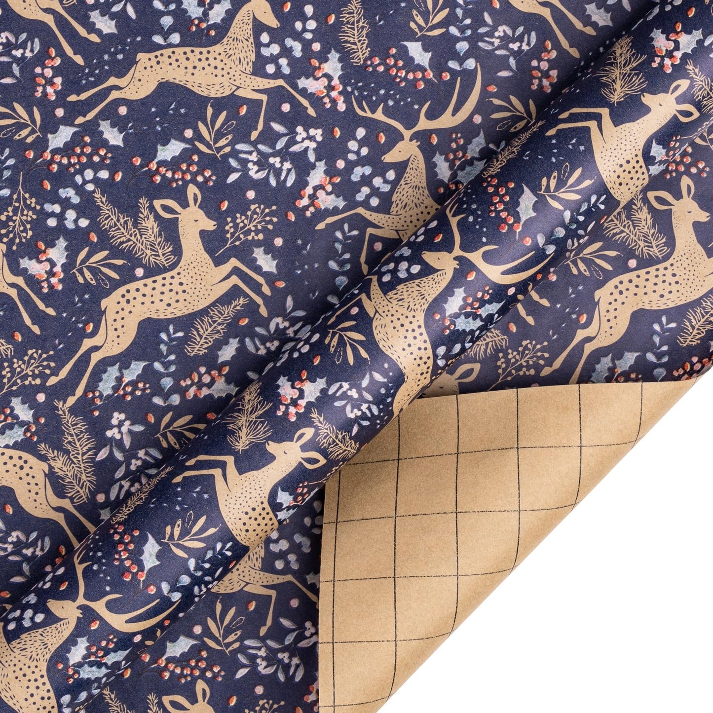 Christmas Kraft Wrapping Paper - Reindeer, Berry Leaf and Text Design - 4 Rolls - 30 inches x 10 feet per Roll