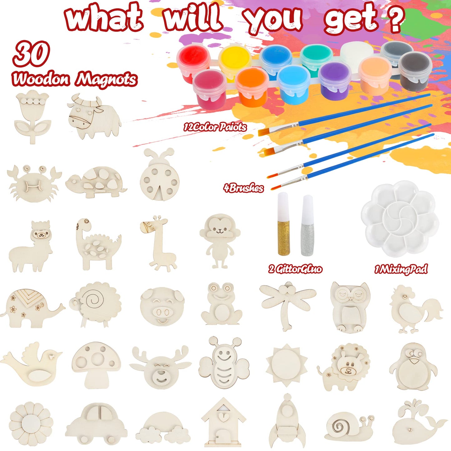 Glintoper 30 Wooden Magnet Painting Craft Kit, Paint Your Own Easter Art and Craft Supplies, Basket Stuffers Party Favors for Boys Girls, Classroom Prize Goodie Bag Gifts