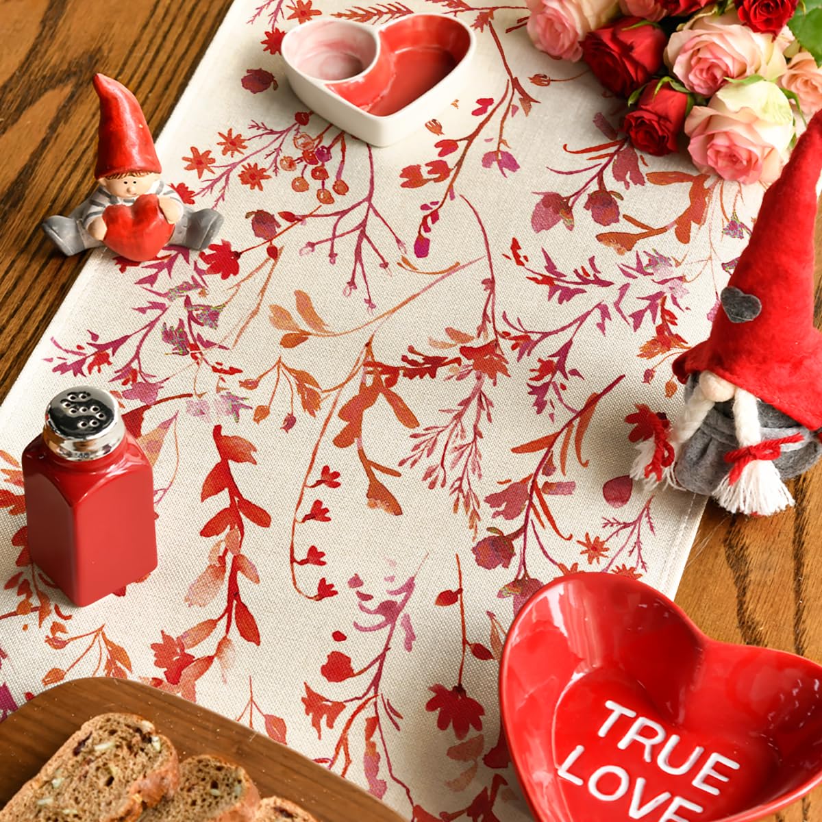 Floral Leaves Valentine's Table Runner, Wild Flowers Seasonal Kitchen Dining Table Decoration for Home Party Decor 13x72 Inch